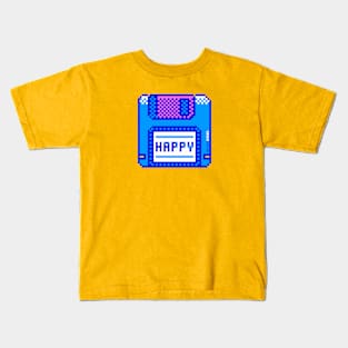 Happy Geek Blue Retro Floppy Disk Pixel Art Kids T-Shirt